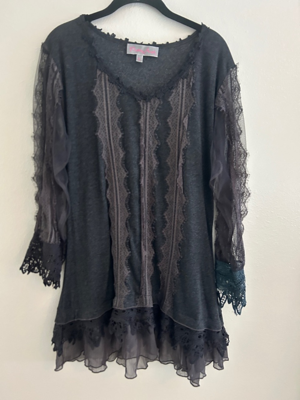 Pretty Angel Charcoal, Grey, Black and Lace-Trim Tunic Top